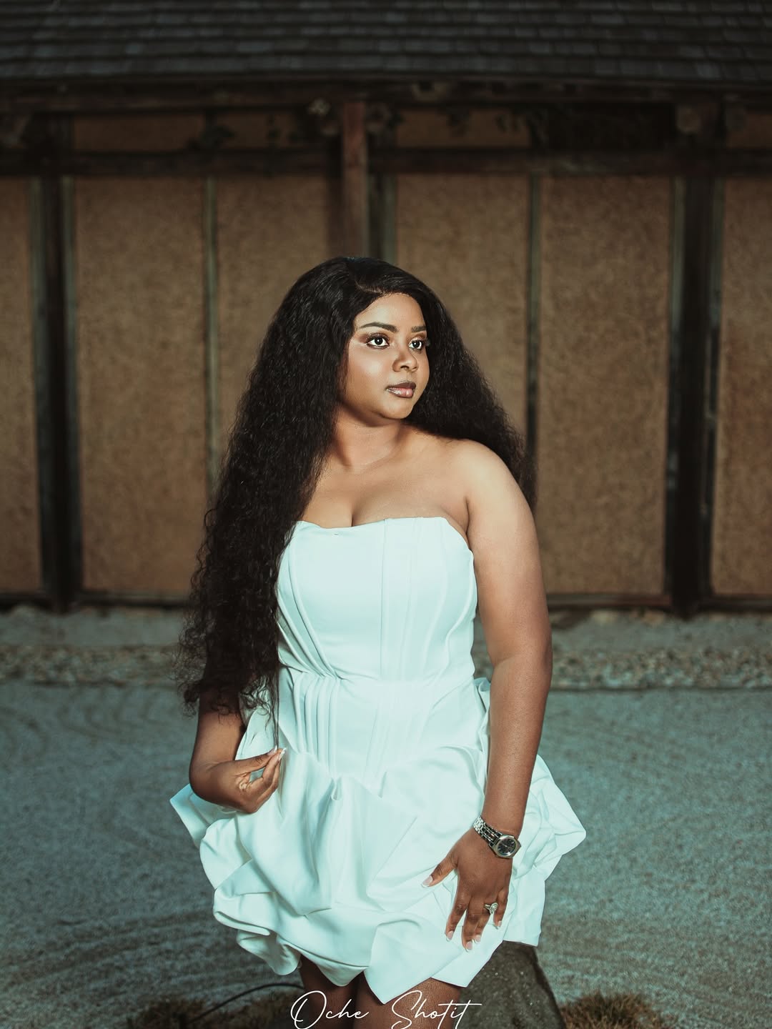 Portrait in strapless white corset dress against a wooden wall
